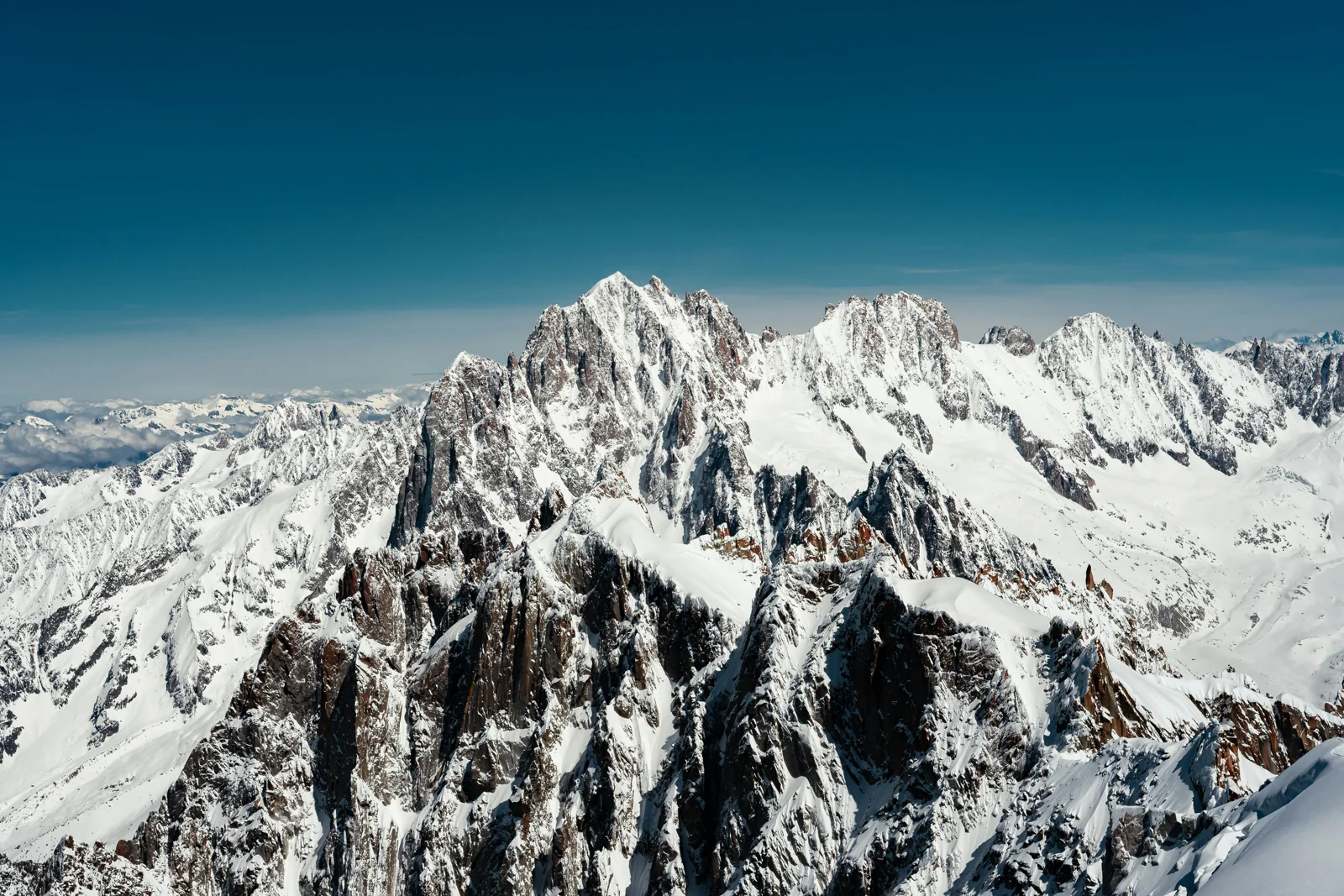 Snow-covered alpine peaks in Chamonix, France