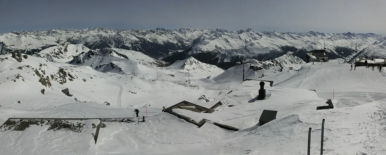 Skiing area Parsenn as seen from Weissfluh, Davos, Kloster-Serneus, Arosa, Grisons, Switzerland.