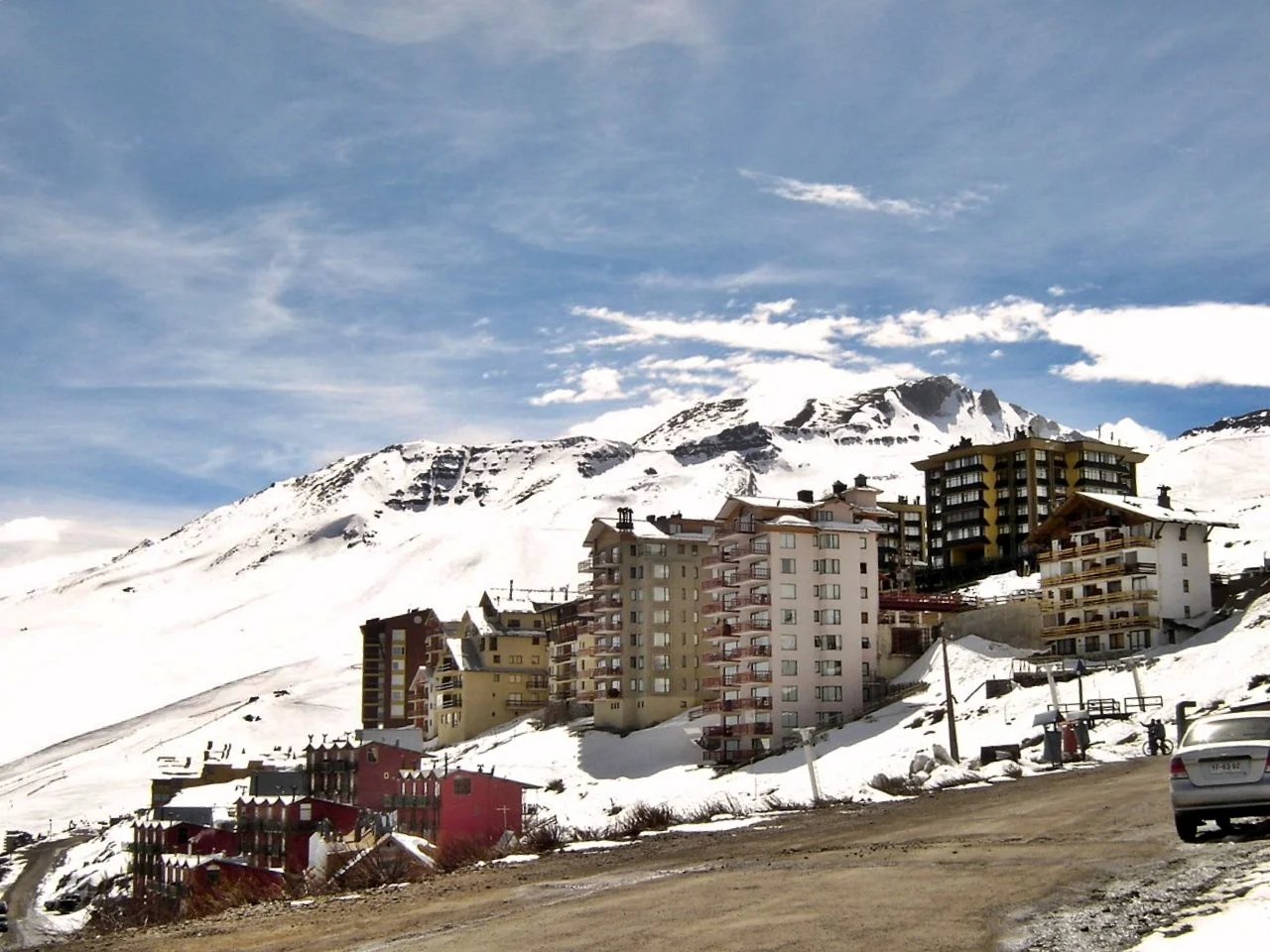 Base buildings and snow-covered slopes at El Colorado