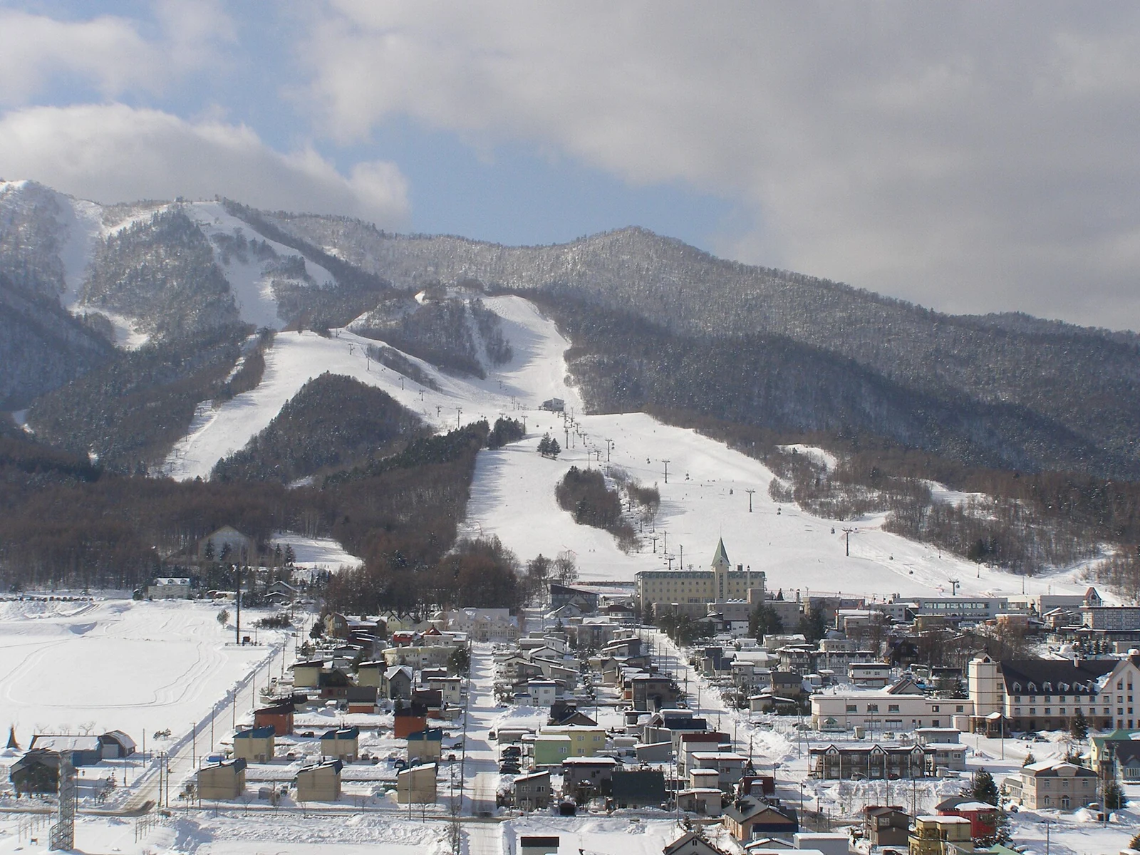 Snow-covered Kitanomine ski slopes above the town at Furano, Hokkaido.