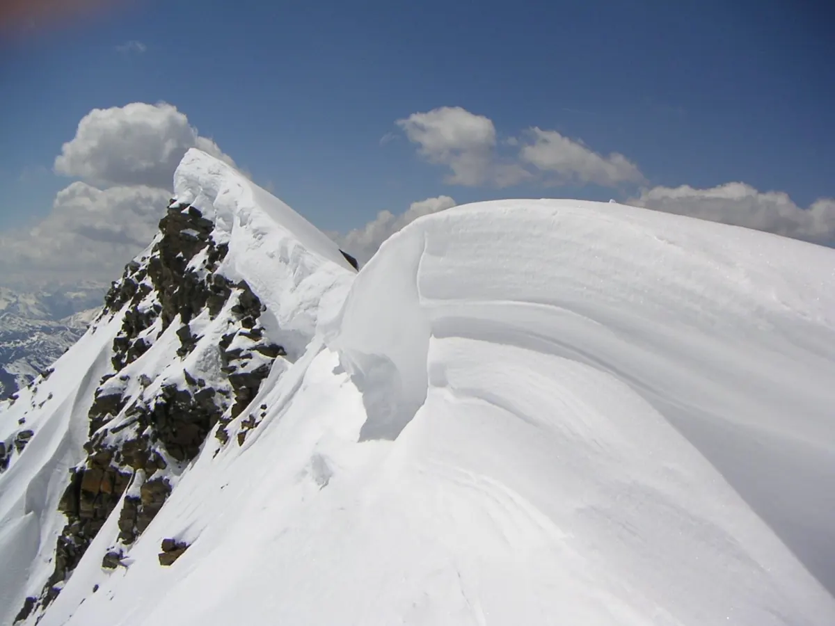 Snow cornices at the edge of the Hintertux glacier ski area, Austria
