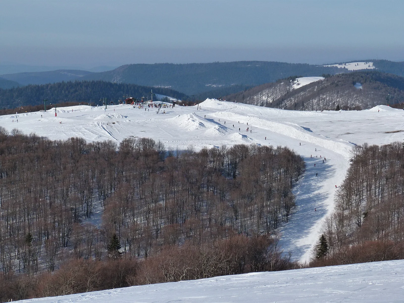 Snow-covered La Bresse-Hohneck runs among wooded hills.