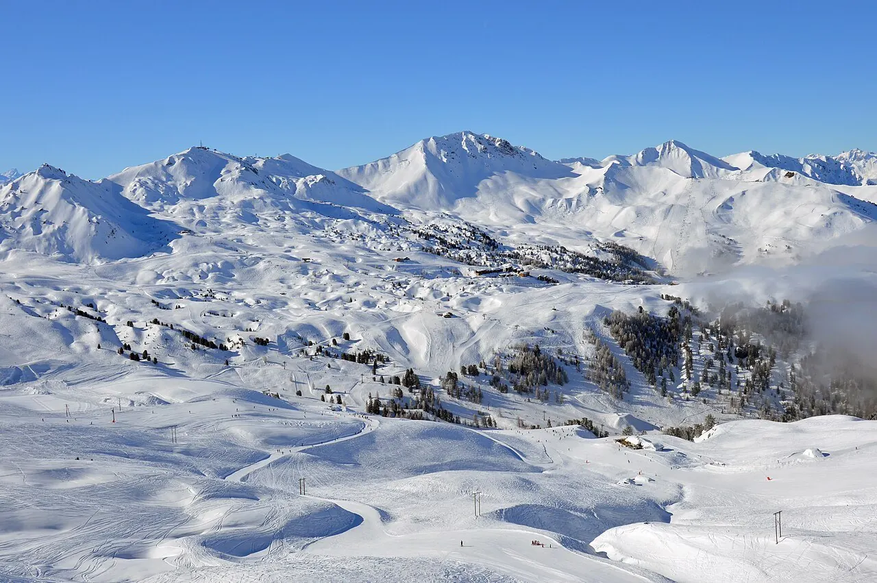 View of La Plagne during winter sport season, from Montagne de l'Arc, in February 2018.