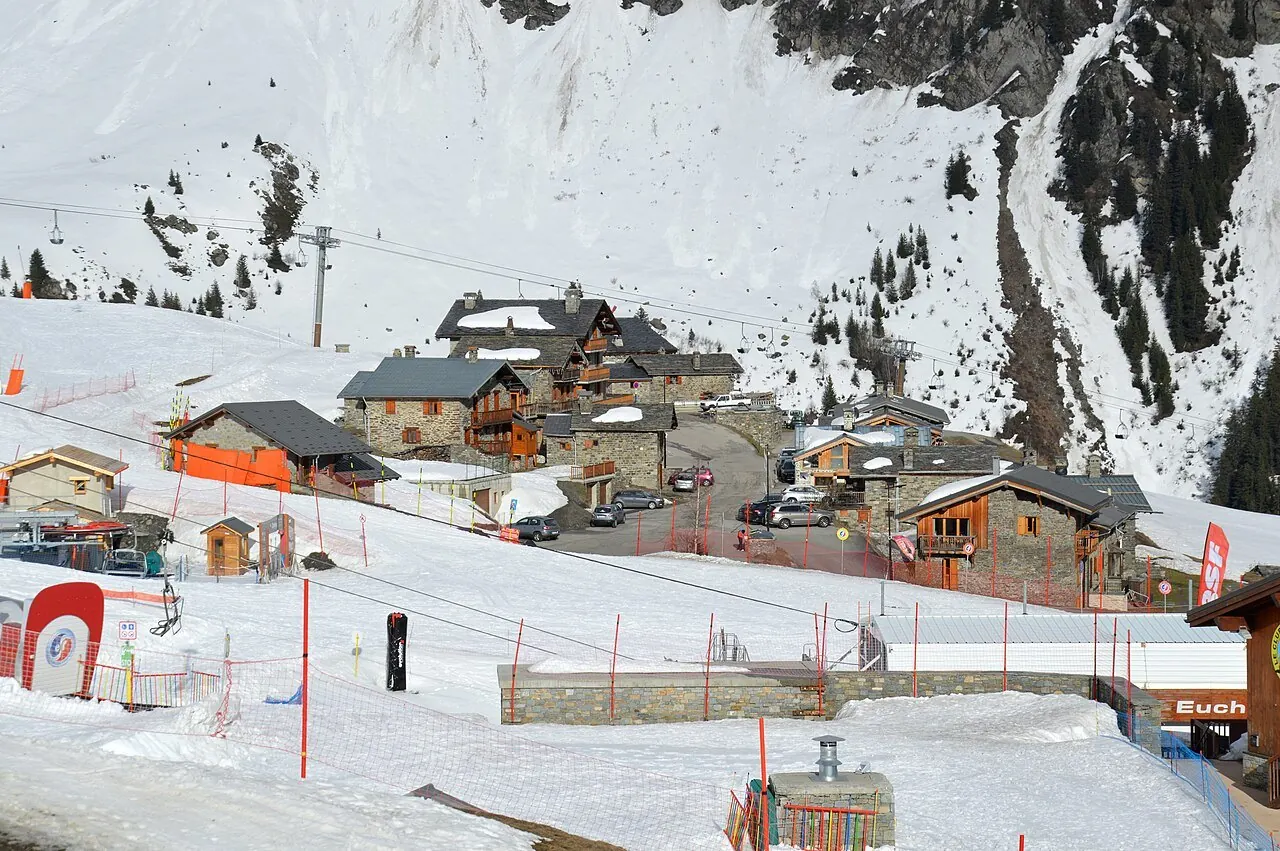View of Village des Eucherts and the ski school in the evening, Les Eucherts, La Rosière, 2024