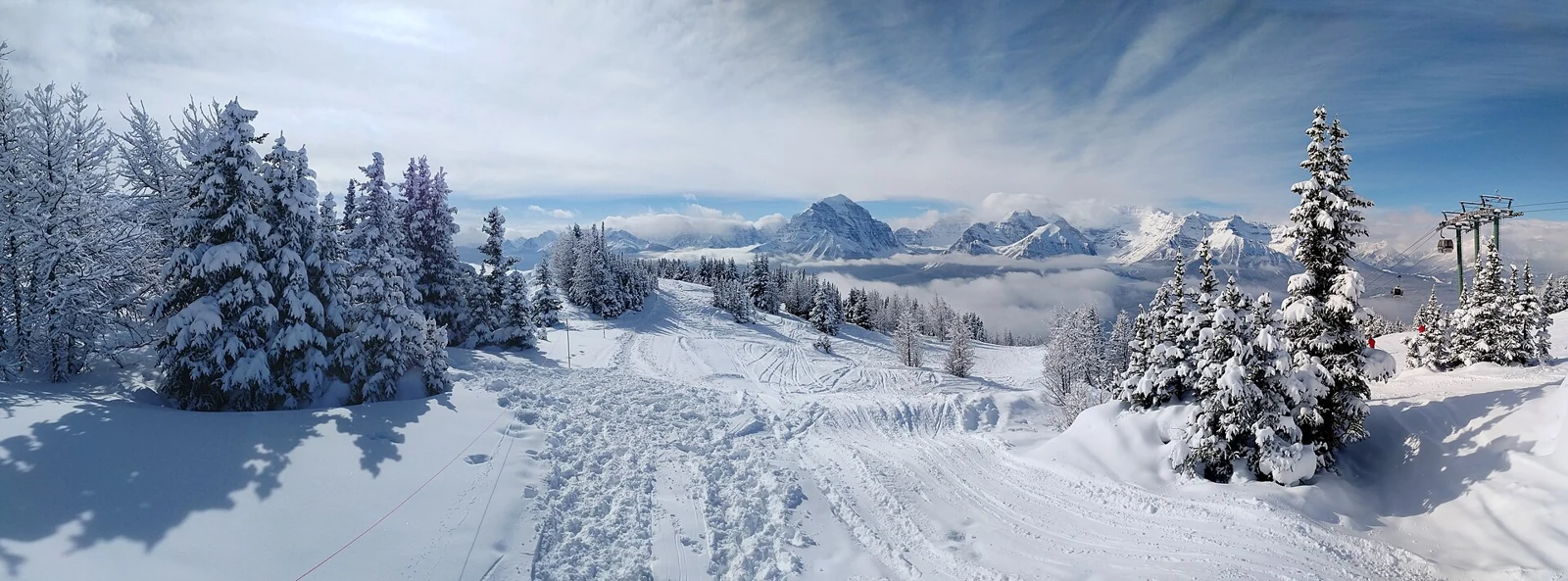 Snowy ski slopes, conifers and Rocky Mountain peaks at Lake Louise Ski Resort, Alberta.