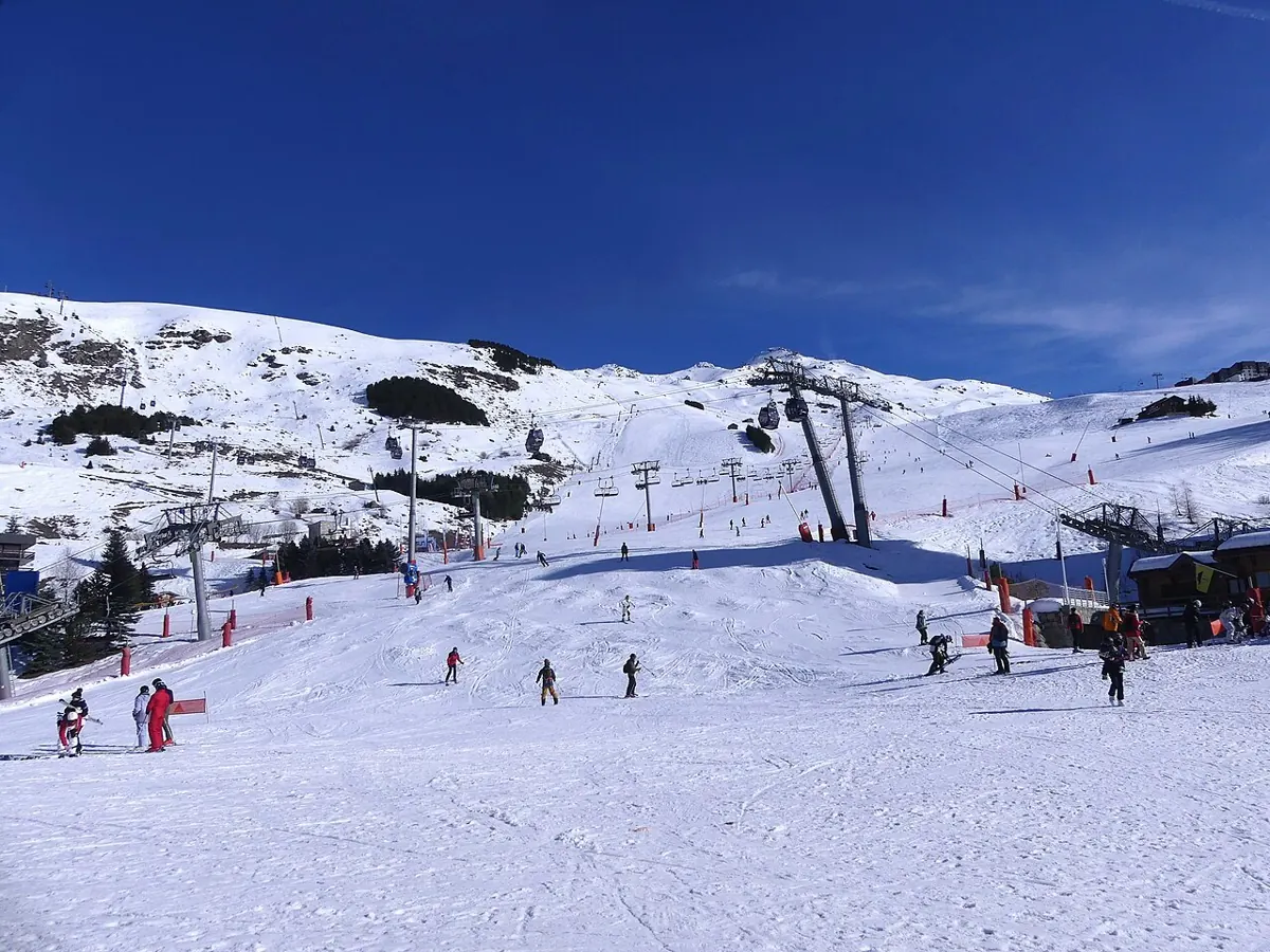 Sight of the base of the slopes of Les Menuires ski resort, in Savoie, France.