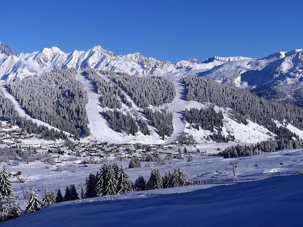Sight, in winter, of Les Saisies ski resort and its western ski slopes, in Savoie, France.