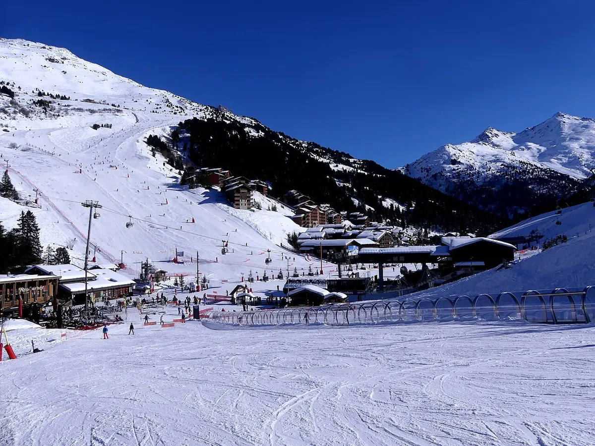 Sight, in winter, of the snow front of Méribel-Mottaret ski resort, in Savoie, France.