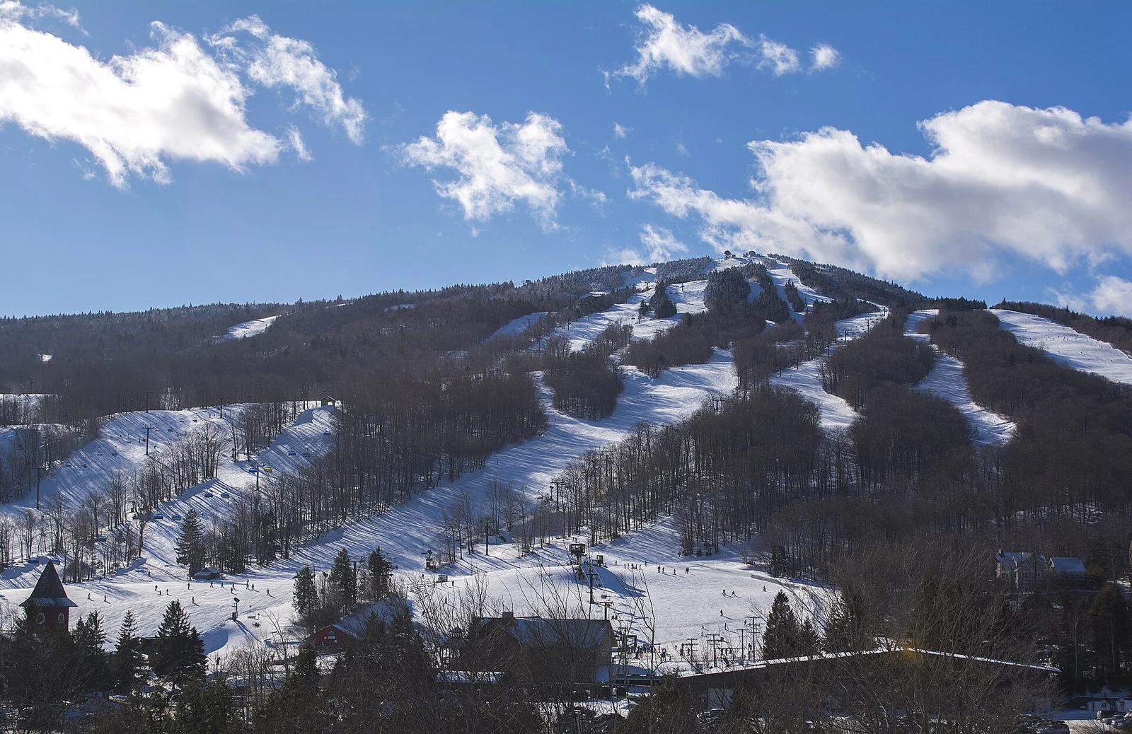 Winter ski runs cut through the forest at Mount Snow, Vermont.