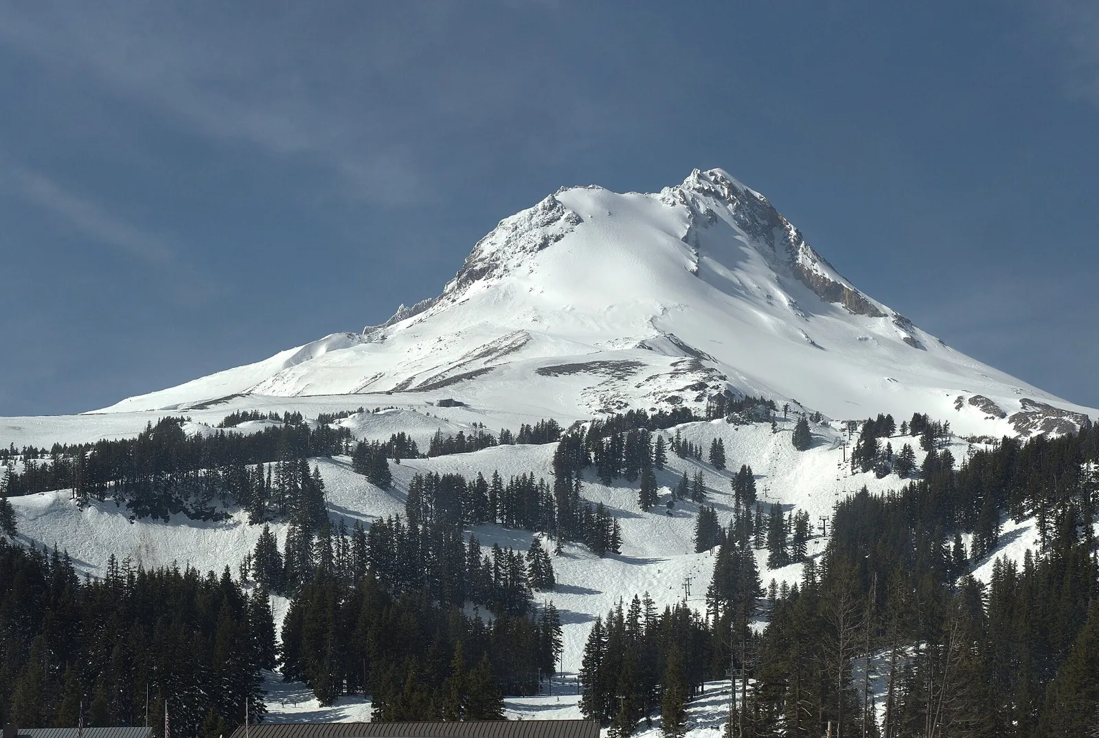 Snow-covered Mount Hood above the slopes of Mount Hood Meadows, Oregon.