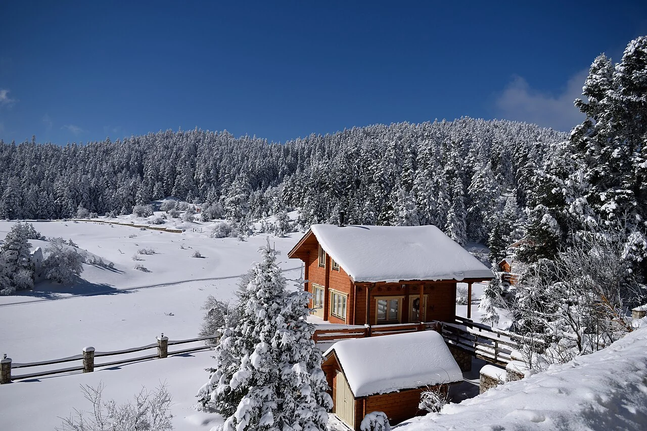 A snow-covered cabin and forest in Parnassus National Park.