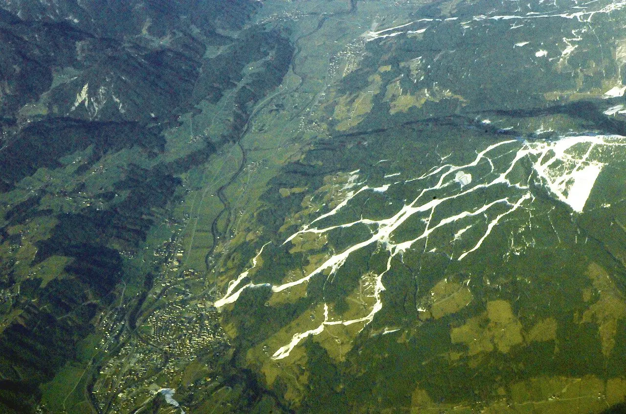 Aerial view of some ski slopes with artificial snow at Tyrol, Austria
