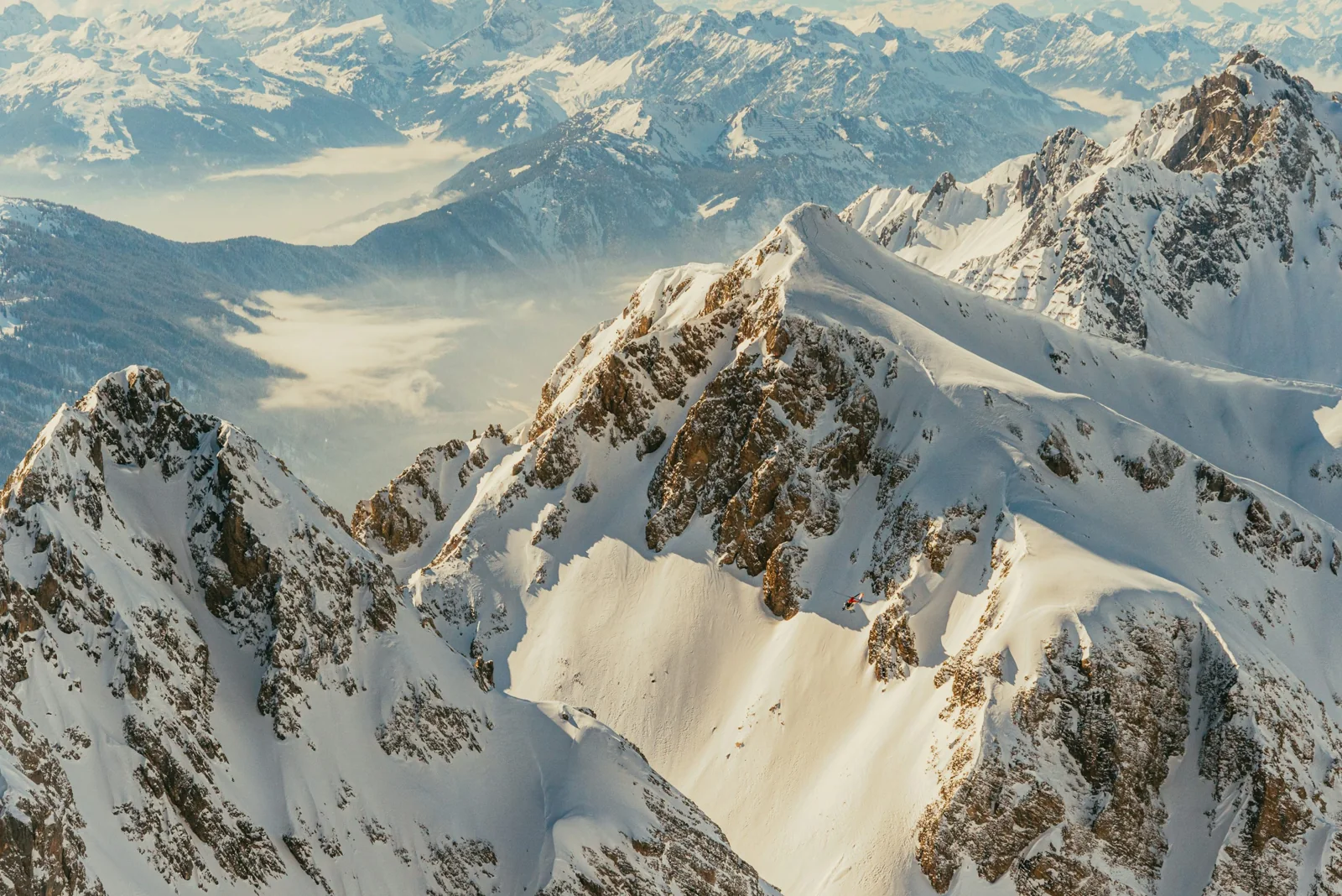 Snow-covered alpine mountain panorama in Saint Anton am Arlberg, Austria