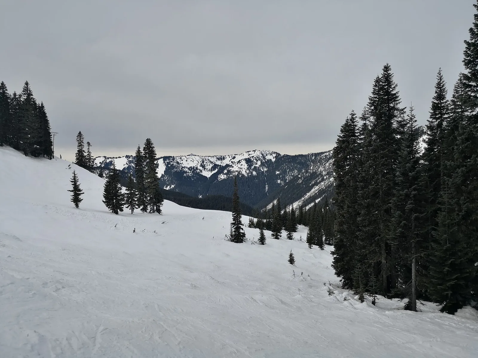 A snowy ski run, conifers and distant mountain ridges at Stevens Pass, Washington.