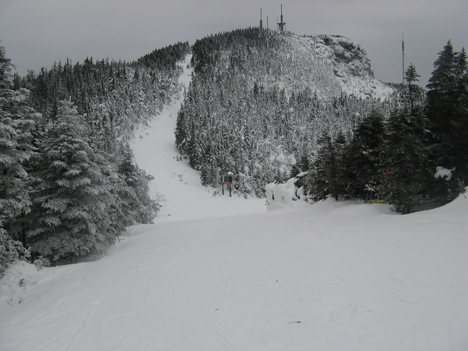 Snow-covered ski slopes and trees at Stowe Mountain Resort, Vermont.