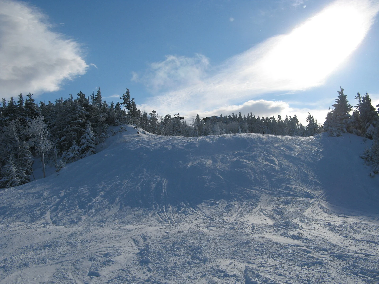 A snowy ski run and forest near the top of Jordan at Sunday River, Maine.