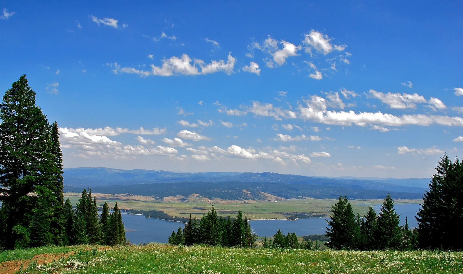 Lake Cascade and the valley viewed from Tamarack Resort in summer, Idaho.