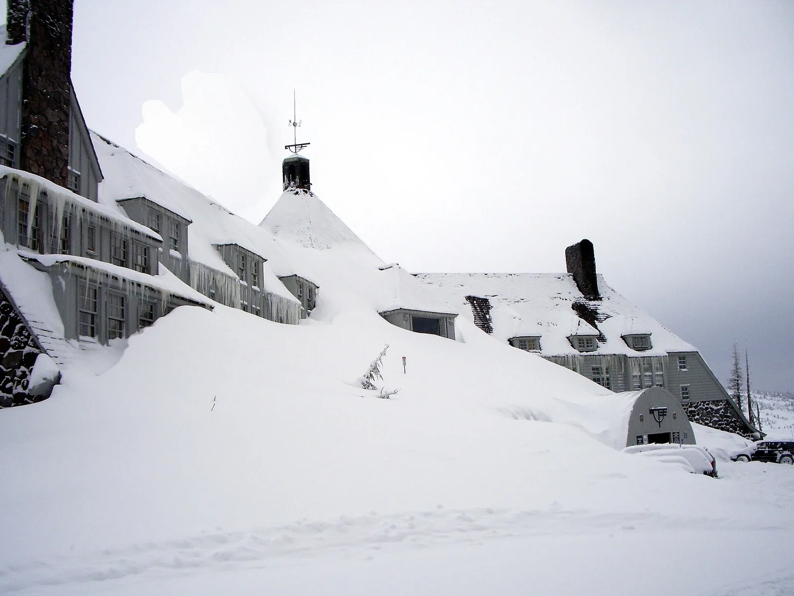 Timberline Lodge surrounded by deep snow on Mount Hood, Oregon.