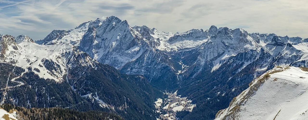 The skiing area Belvedere, The Marmolada peak, Ciampac from the Col Rodella in the Val di Fassa Dolomites.