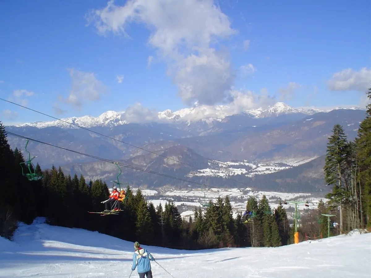 Snowy Vogel ski-area landscape above Bohinj, Slovenia (wider destination area; not necessarily the ski slopes)
