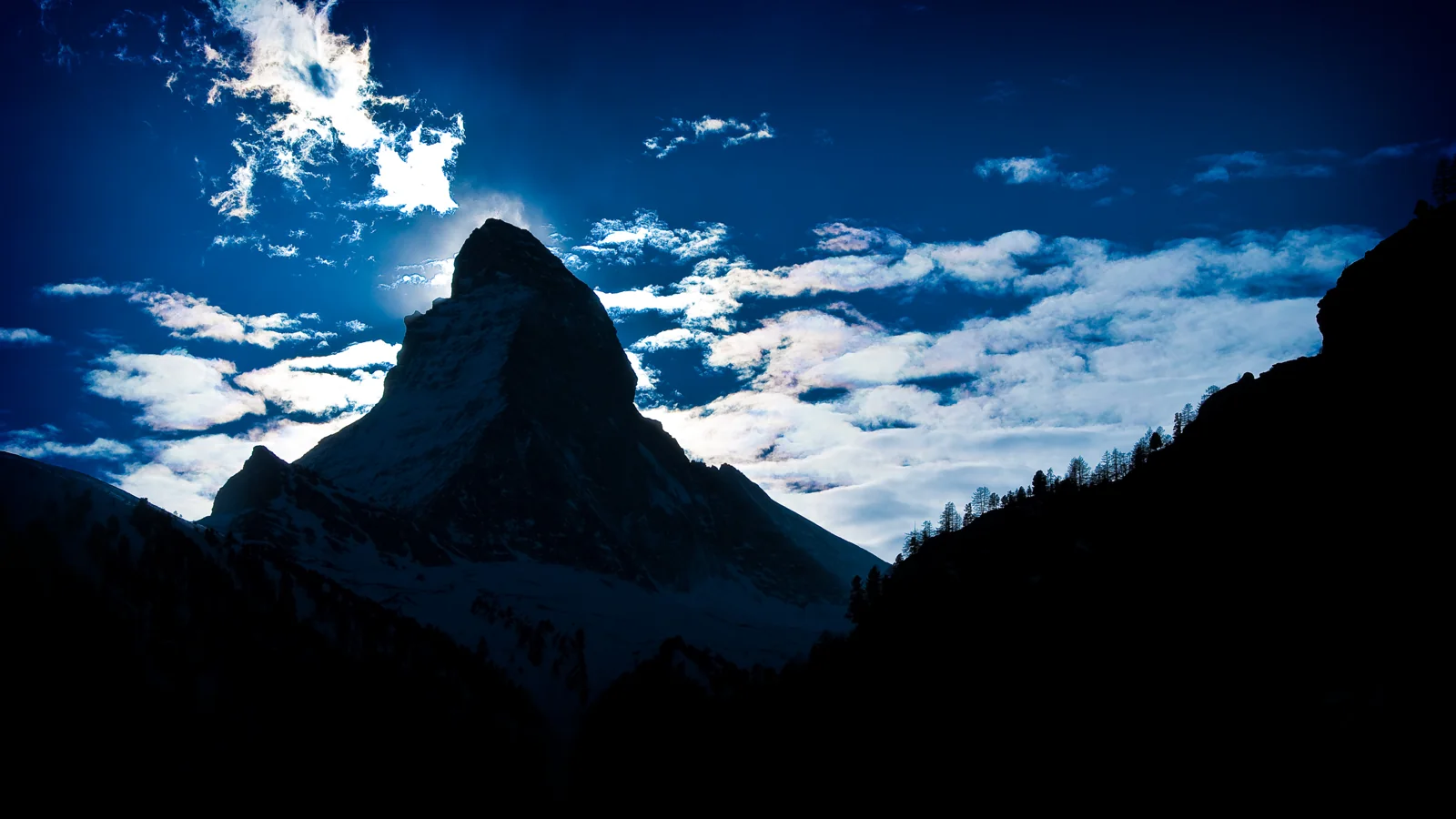 Backlit Matterhorn seen from Zermatt in winter, Switzerland