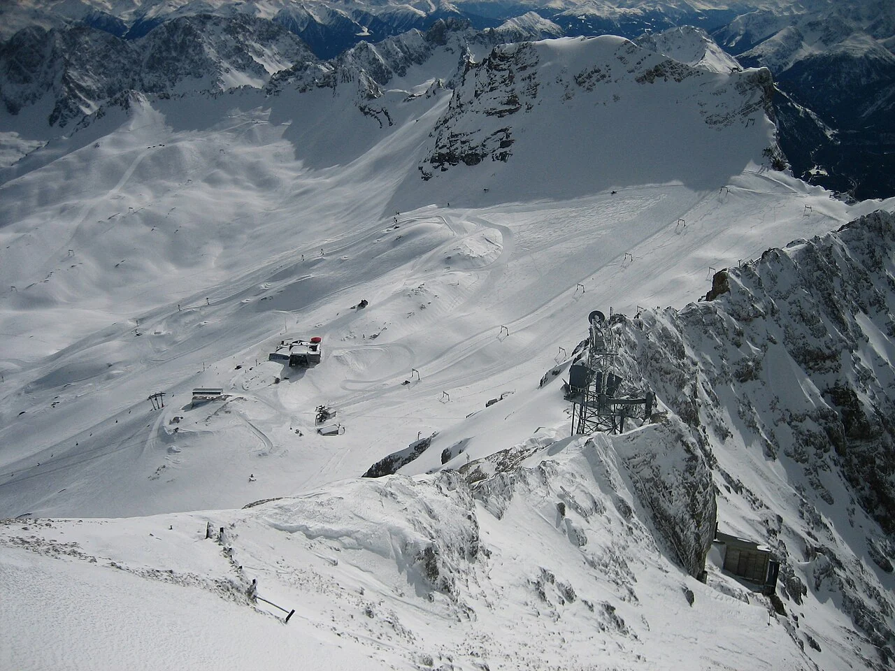 The snow-covered Zugspitzplatt ski area seen from the summit platform.