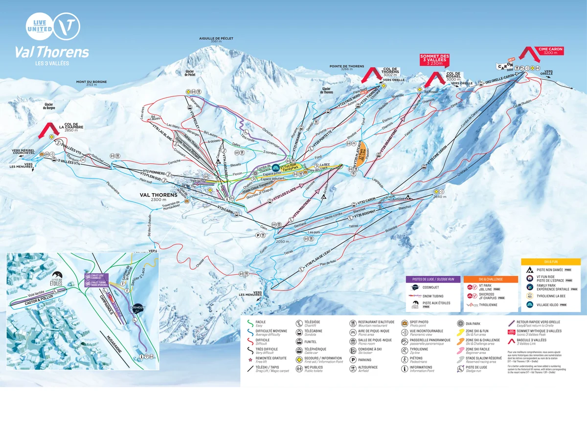 Official panoramic piste map of Val Thorens showing ski runs and lifts