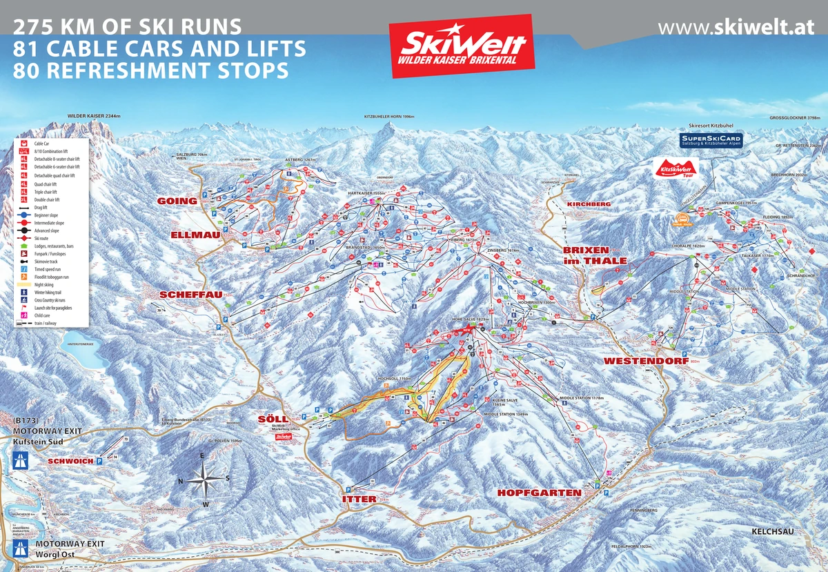 Official piste map · SkiWelt Wilder Kaiser Brixental · 2026–2027 — ski runs and lifts