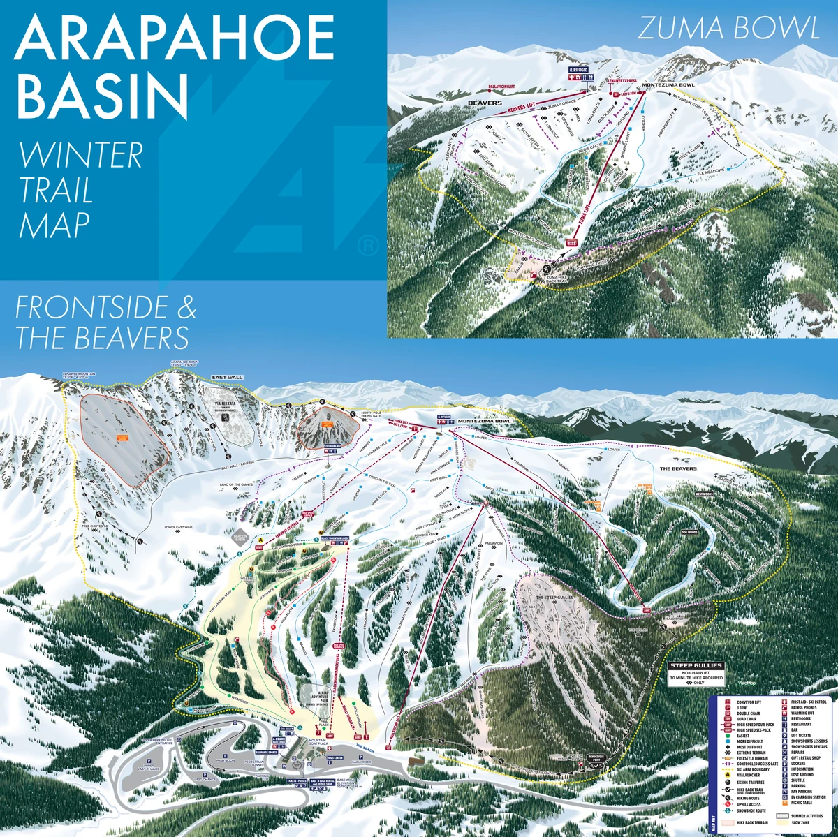 Official panoramic piste map of Arapahoe Basin showing ski runs and lifts