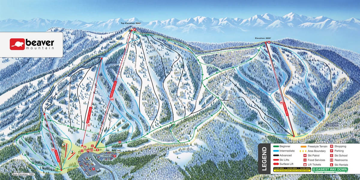 Official panoramic piste map of Beaver Mountain showing ski runs and lifts