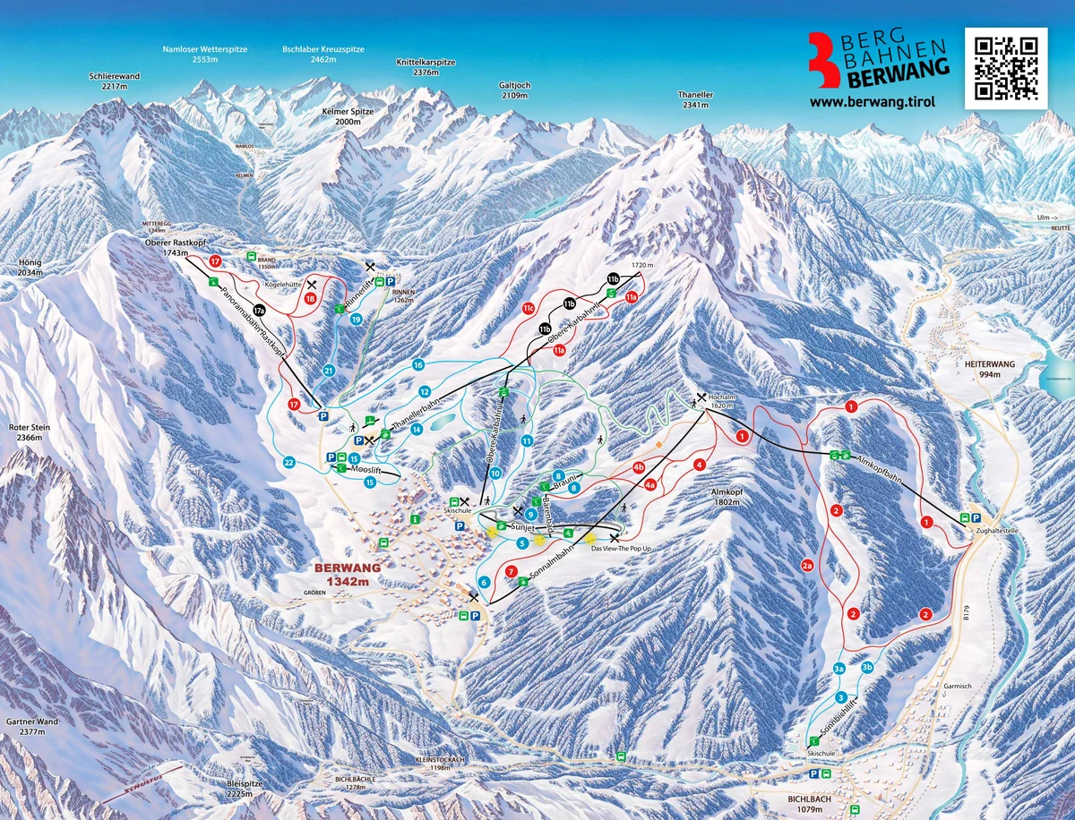 Official panoramic piste map of Berwang showing ski runs and lifts