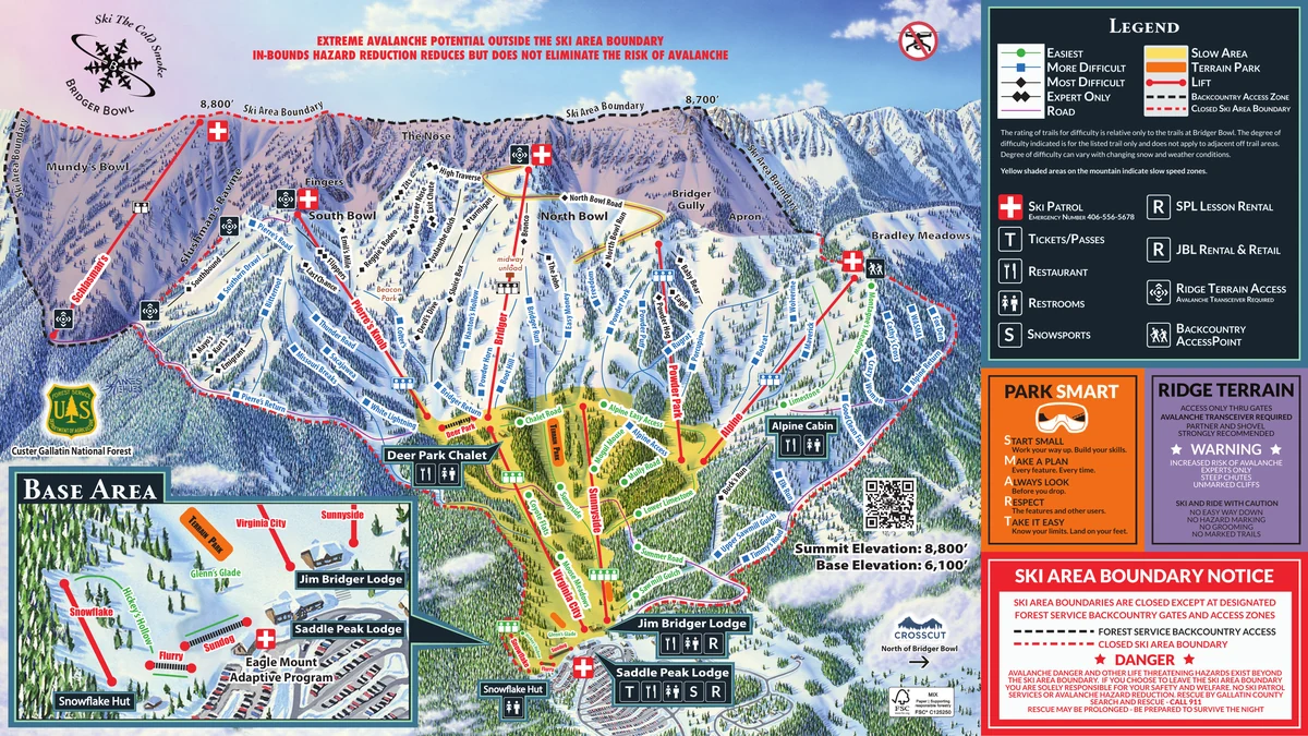 Official panoramic piste map of Bridger Bowl showing ski runs and lifts