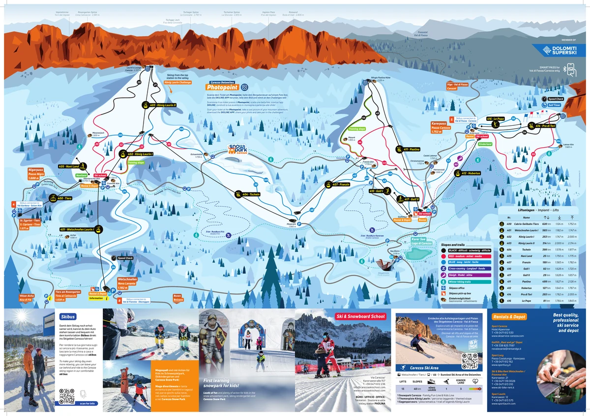Official panoramic piste map of Carezza showing ski runs and lifts