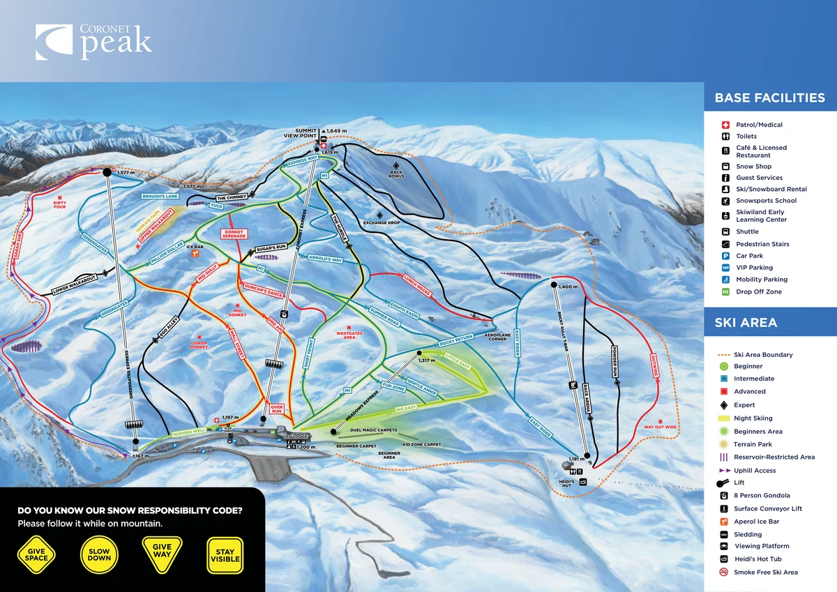 Official panoramic piste map of Coronet Peak showing ski runs and lifts