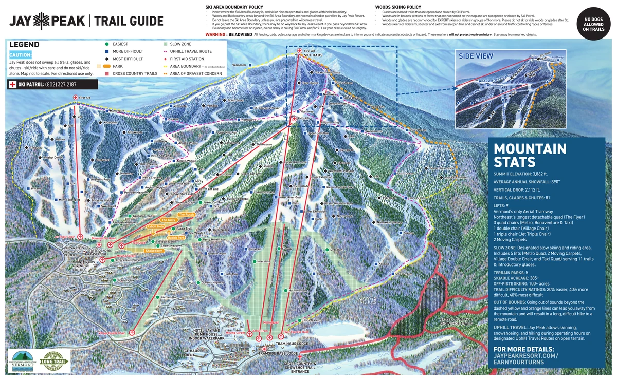 Official panoramic piste map of Jay Peak Resort showing ski runs and lifts