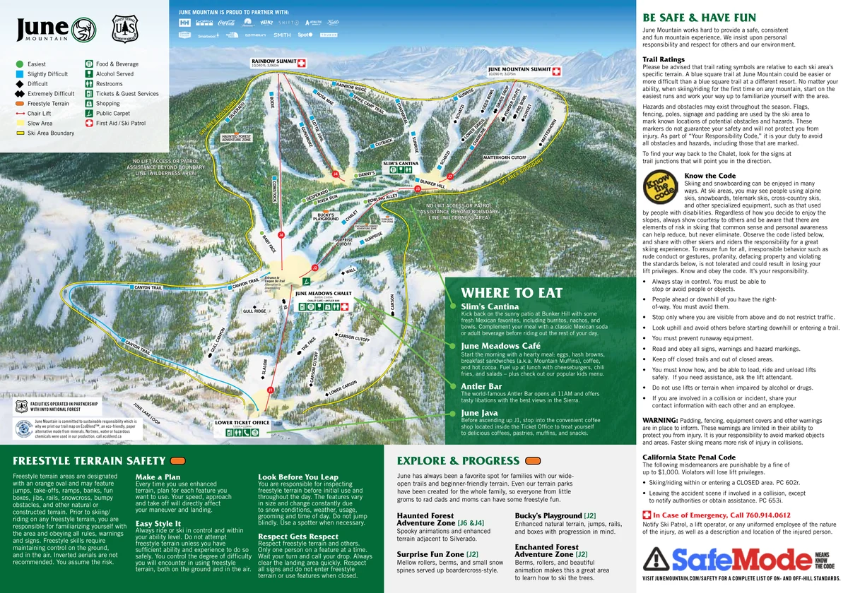 Official panoramic piste map of June Mountain showing ski runs and lifts