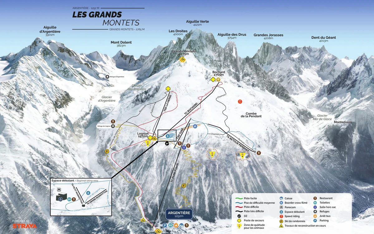 Επίσημος χάρτης πιστών · Λε Γκραν Μοντέ · Grands Montets — πίστες σκι και αναβατήρες
