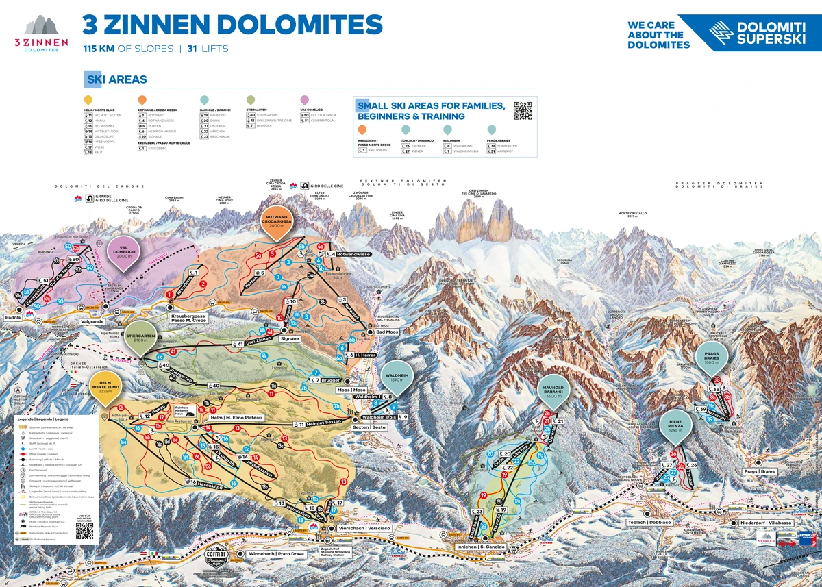 Official piste map · 3 Zinnen Dolomites · 2025–2026 — ski runs and lifts