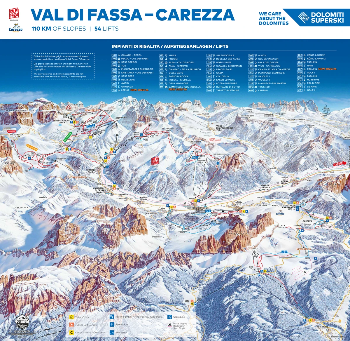 Official piste map · Val di Fassa · 2025–2026 — ski runs and lifts