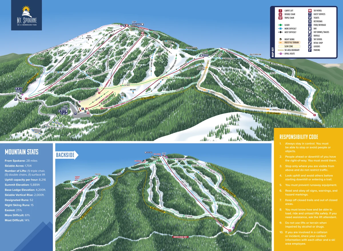 Official panoramic piste map of Mt. Spokane showing ski runs and lifts