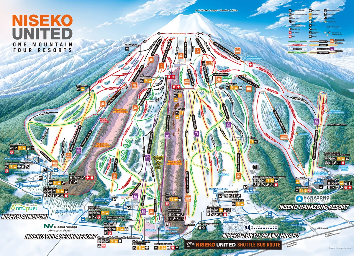 Official panoramic piste map of Niseko United showing ski runs and lifts