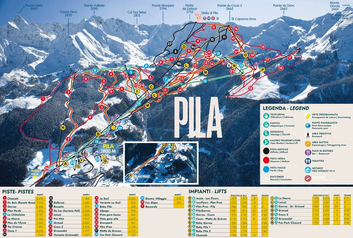 Official panoramic piste map of Pila showing ski runs and lifts