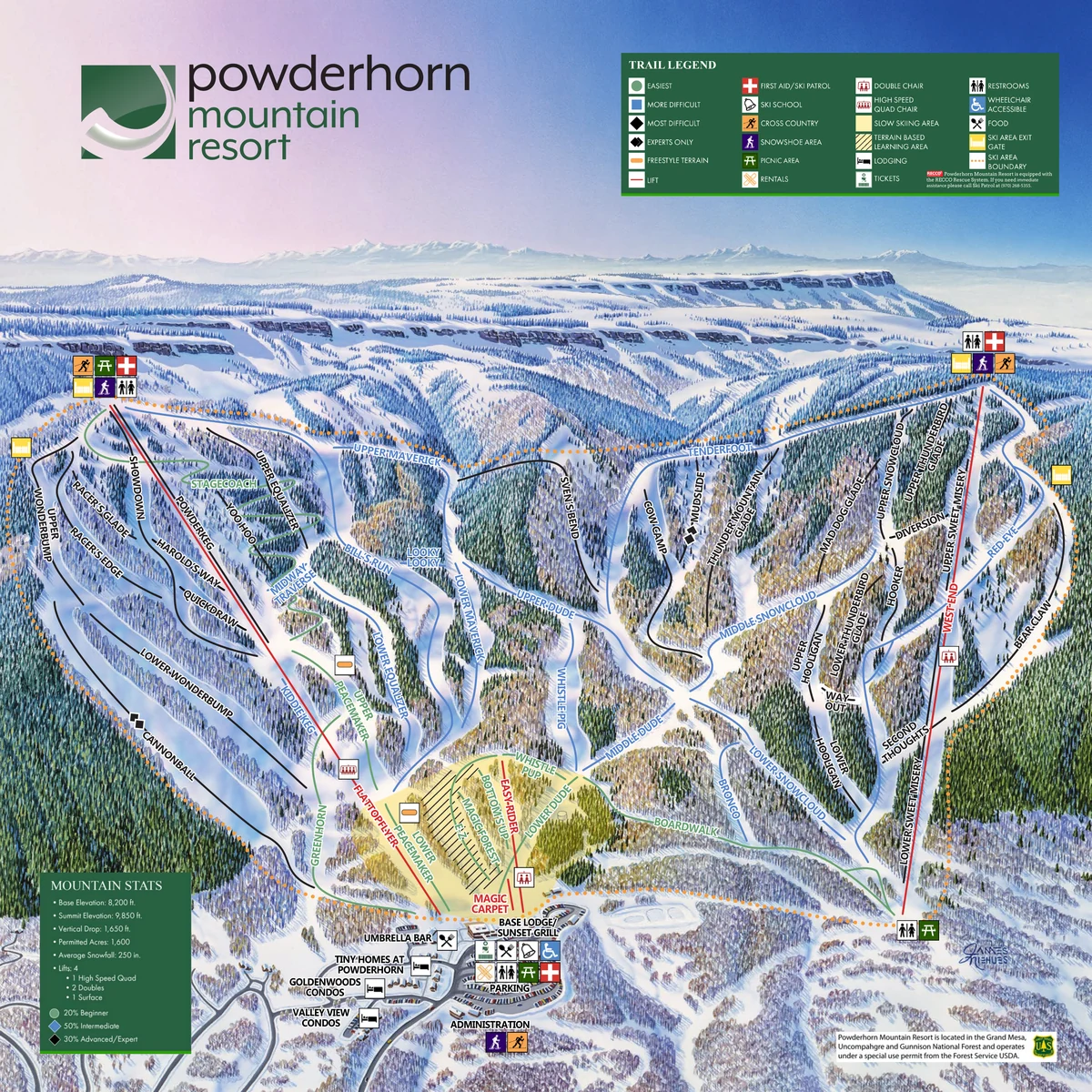 Official panoramic piste map of Powderhorn showing ski runs and lifts