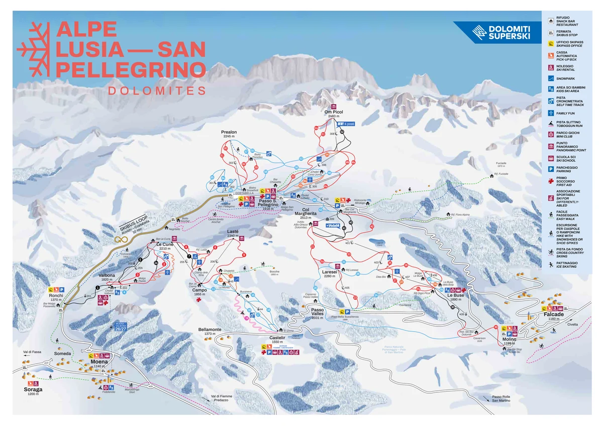 Official panoramic piste map of Ski Area San Pellegrino - Falcade showing ski runs and lifts
