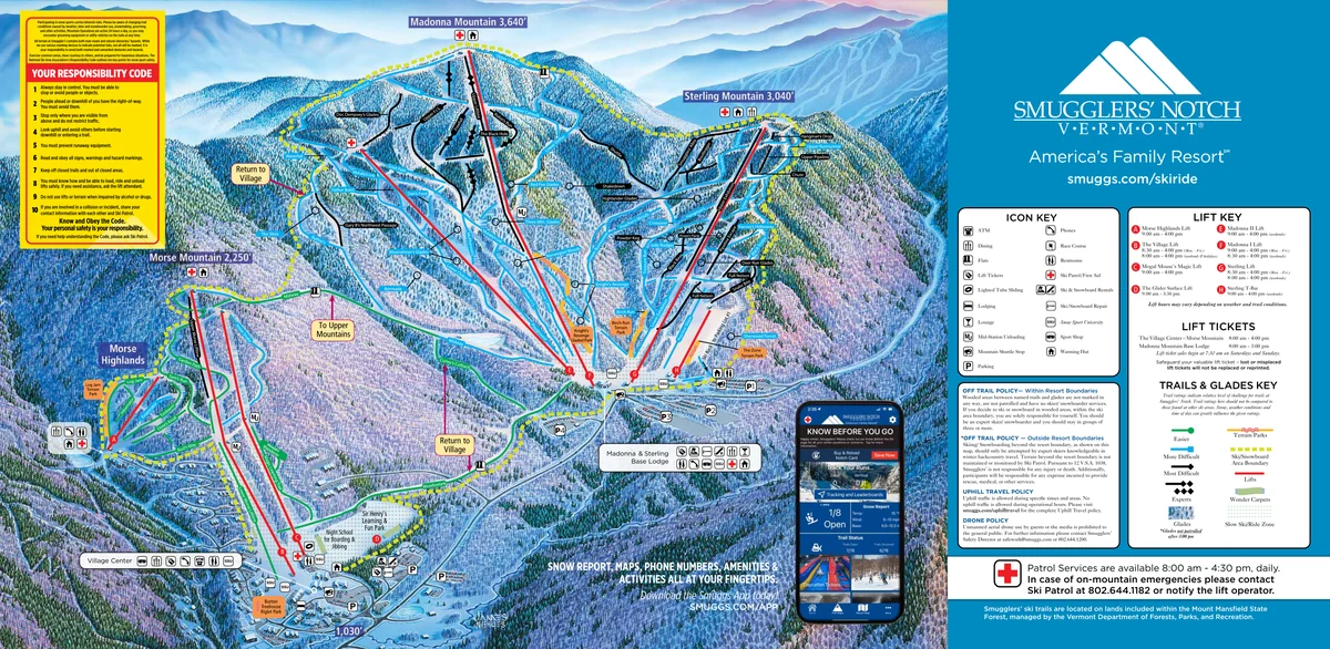 Official panoramic piste map of Smugglers' Notch Resort showing ski runs and lifts