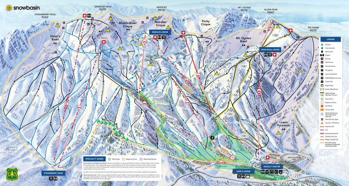 Official panoramic piste map of Snowbasin showing ski runs and lifts