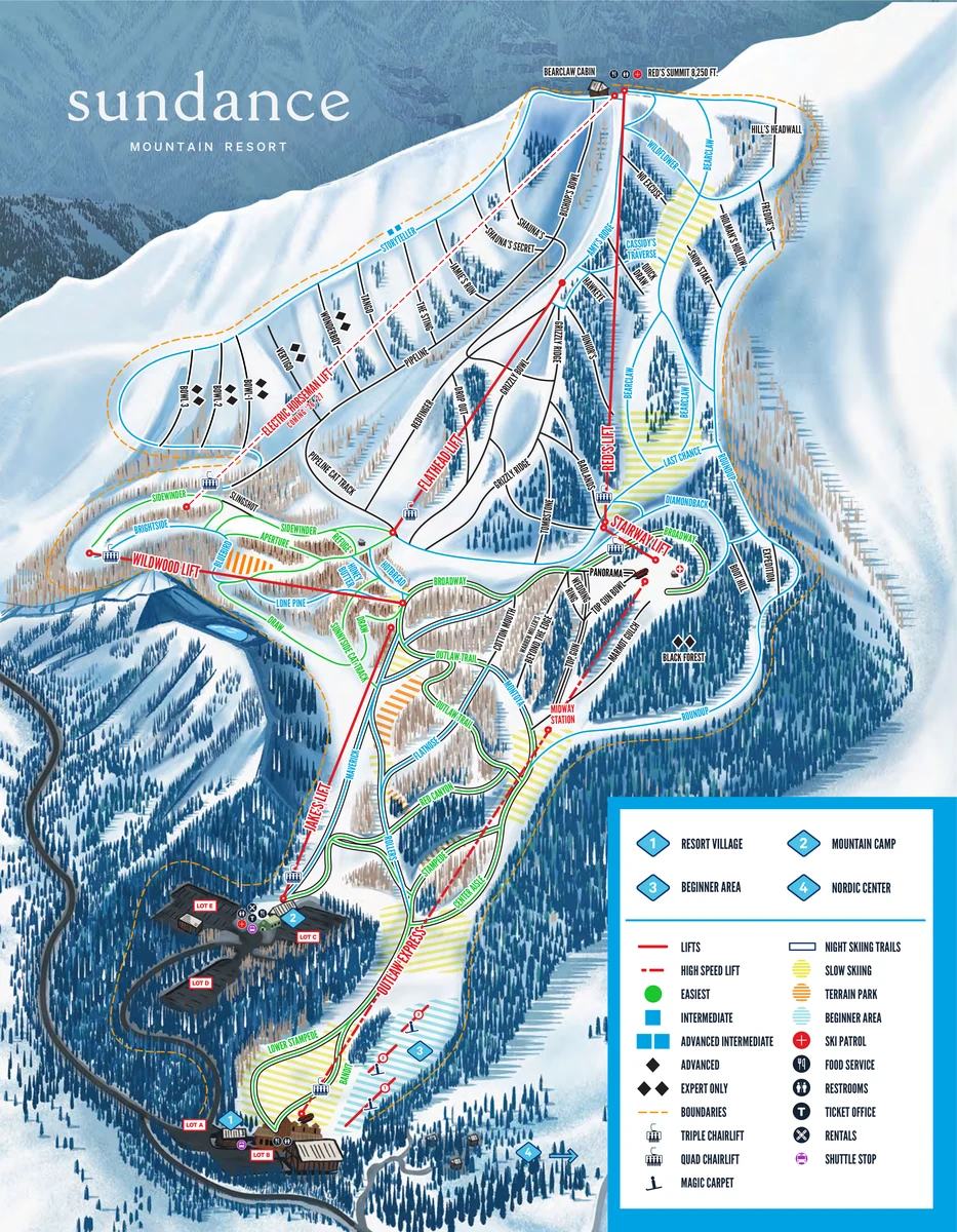 Official panoramic piste map of Sundance Resort showing ski runs and lifts