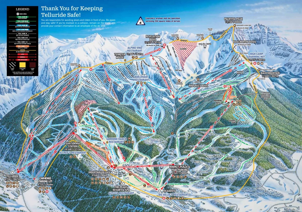 Official panoramic piste map of Telluride showing ski runs and lifts