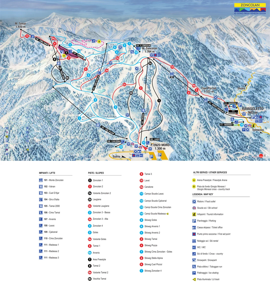 Official panoramic piste map of Zoncolan showing ski runs and lifts
