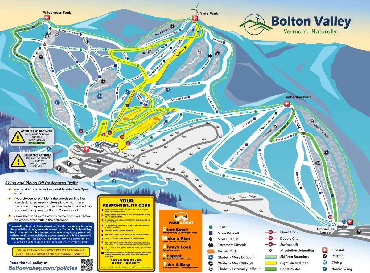 Official panoramic piste map of Bolton Valley Resort showing ski runs and lifts